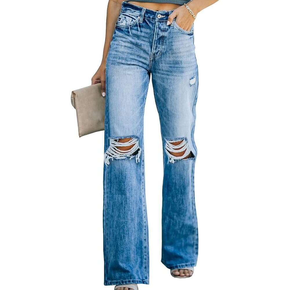 Women’s Distressed High Waist Wide Leg Jeans Cotton Polyester Spandex